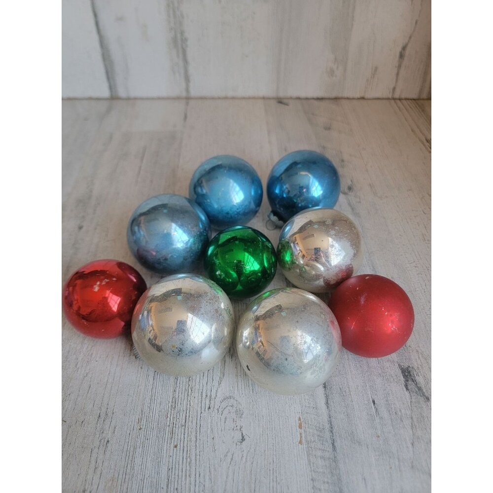Vintage Mercury silver ball blue red glass ornament Xmas set